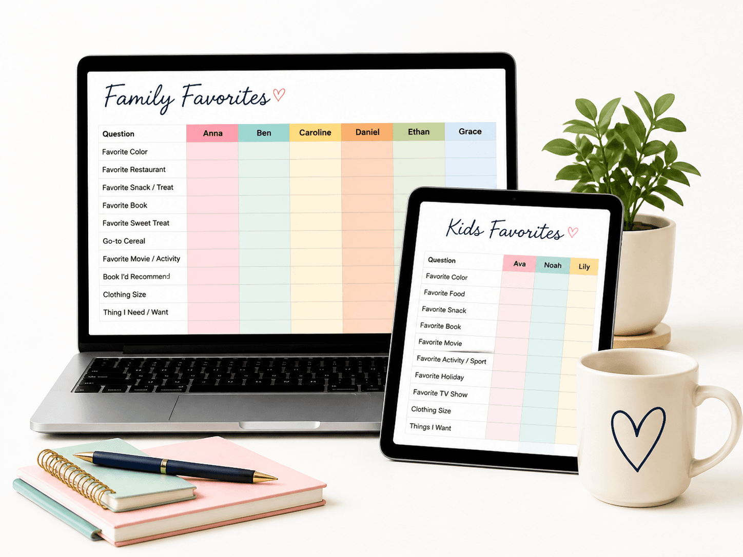 Family Favorites and Kids Favorites trackers shown on a laptop and tablet